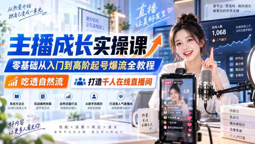 主播成长实操课|零基础从入门到高阶起号爆流全教程,吃透自然流,打造千人在线直播间-造富网