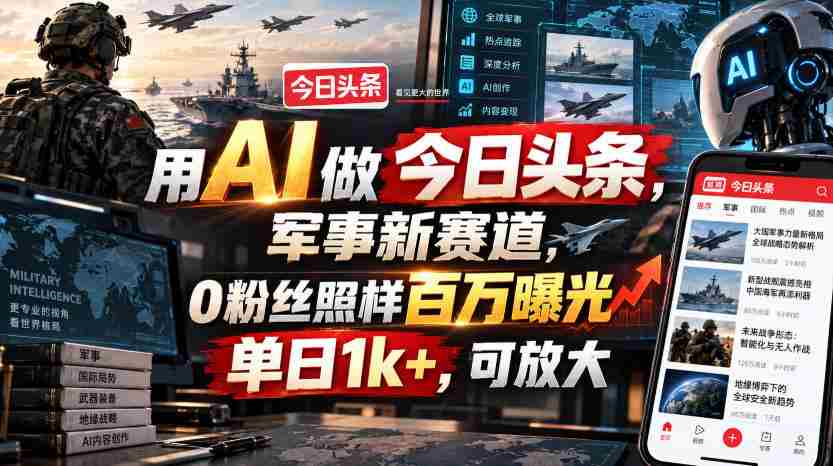 用AI做今日头条,军事新赛道,0粉丝照样百万曝光,单日1k+,可放大-造富网