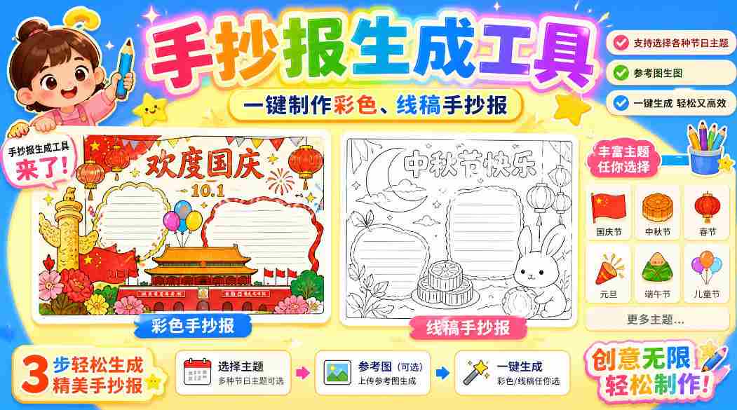 手抄报批量生成工具来了,完全免费,告别豆包生图,高清无水印-造富网