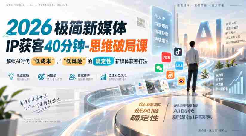 2026极简新媒体IP获客40分钟-思维破局课,解锁Ai时代“低成本”、“低风险”的确定性新媒体获客打法-造富网