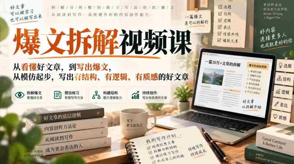 爆文拆解视频课,从看懂好文章,到写出爆文,从模仿起步,写出有结构、有逻辑、有质感的好文章-造富网