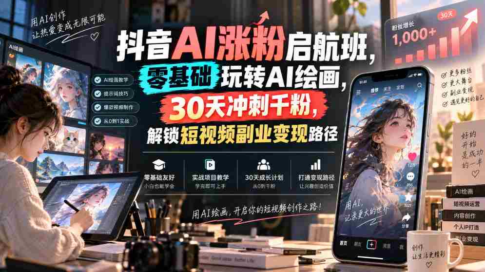 抖音AI涨粉启航班，零基础玩转AI绘画，30天冲刺千粉，解锁短视频副业变现路径-造富网