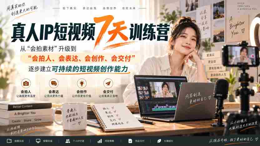 真人IP短视频7天训练营,从“会拍素材”升级到“会拍人、会表达、会创作、会交付”,逐步建立可持续的短视频创作能力-造富网