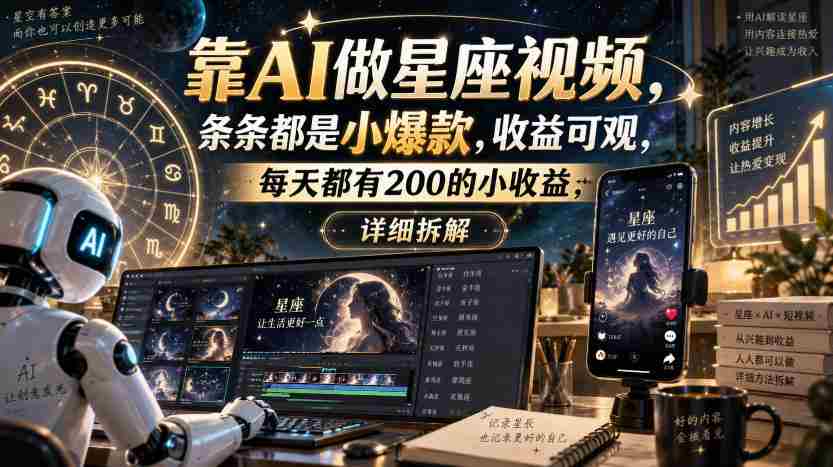 靠AI做星座视频,条条都是小爆款,收益可观,每天都有200的小收益,详细拆解-造富网