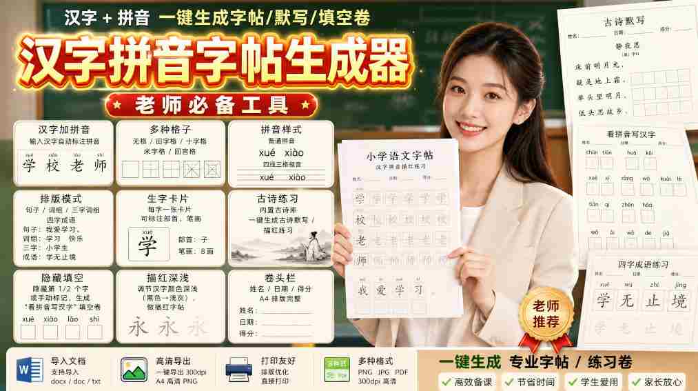 学习神器,汉字拼音字帖生成器,汉字+拼音 一键生成字帖/默写/填空卷,支持词组、成语,老师、家长必备-造富网