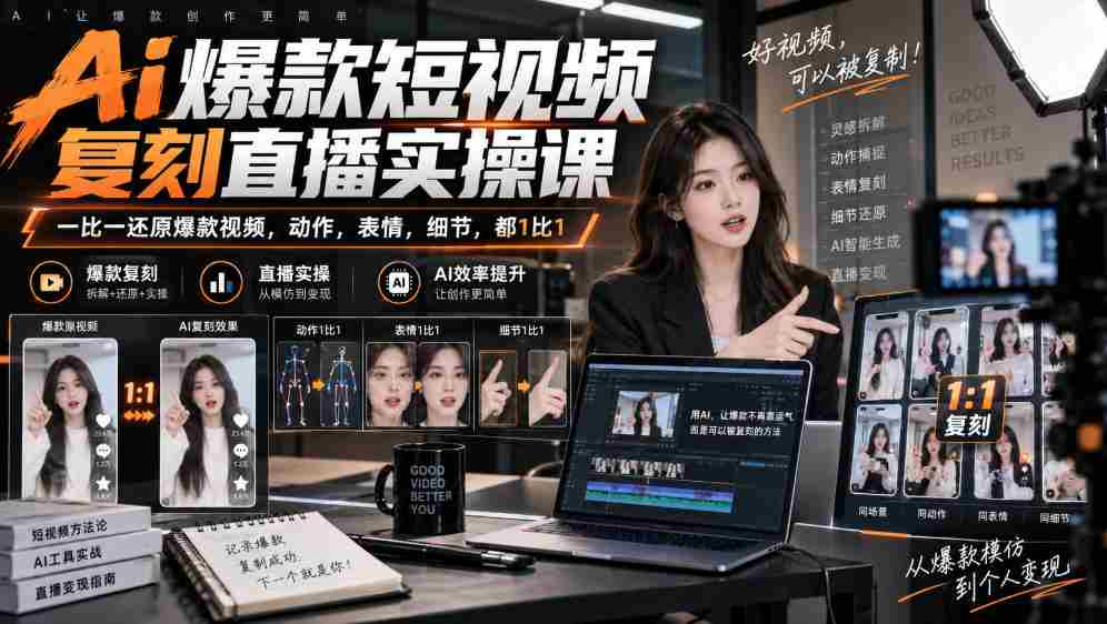 天诺老吴Ai爆款短视频复刻直播实操课，一比一还原爆款视频，动作，表情，细节，都1比1-造富网