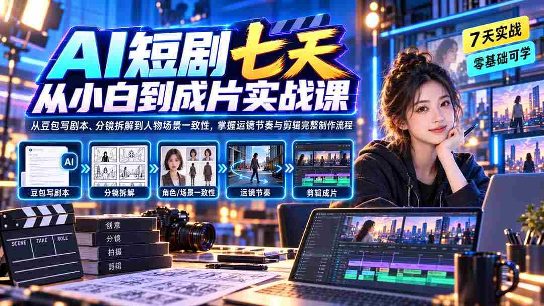 (20329期)AI短剧七天从小白到成片实战课:从豆包写剧本、分镜拆解到人物场景一致性,掌握运镜节奏与剪辑完整制作流程-造富网