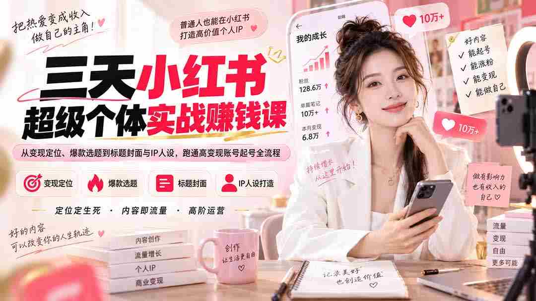 (20331期)三天小红书超级个体实战赚钱课:从变现定位、爆款选题到标题封面与IP人设,跑通高变现账号起号全流程-造富网