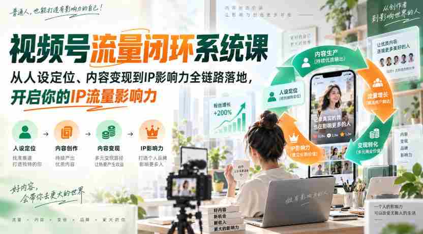 视频号流量闭环系统课，从人设定位、内容变现到IP影响力全链路落地，开启你的IP流量影响力-造富网