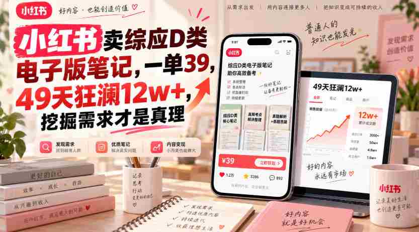 小红书卖综应D类电子版笔记,一单39,49天狂澜12w+,挖掘需求才是真理-造富网