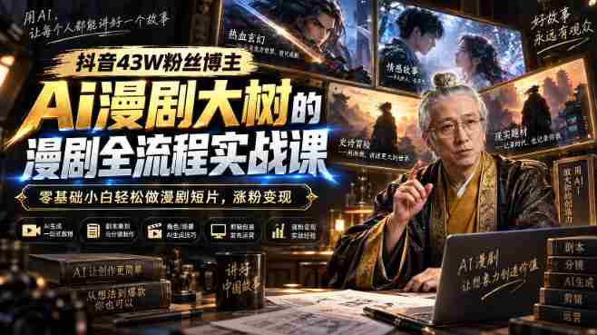 抖音43W粉丝博主Ai漫剧大树的漫剧制作全流程实战课,零基础小白轻松做漫剧短片,涨粉变现-造富网