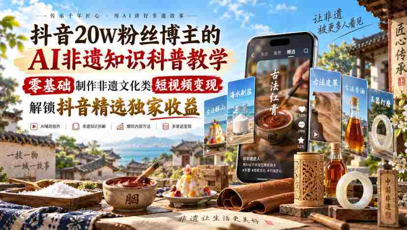 抖音20W粉丝博主的AI非遗知识科普教学,零基础制作非遗文化类短视频变现,解锁抖音精选独家收益-造富网