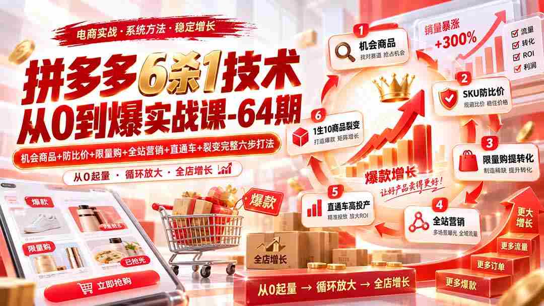 (20316期)拼多多6杀1技术从0到爆实战课-64期:机会商品+防比价+限量购+全站营销+直通车+裂变完整六步打法-造富网