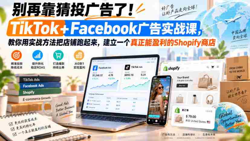 别再靠猜投广告了!TikTok+Facebook广告实战课,教你用实战方法把店铺跑起来,建立一个真正能盈利的Shopify商店【原创双语字幕】-造富网
