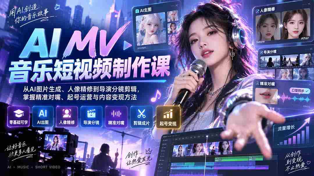 (20364期)AI MV音乐短视频制作课:从AI图片生成、人像精修到导演分镜剪辑,掌握精准对嘴、起号运营与内容变现方法-造富网