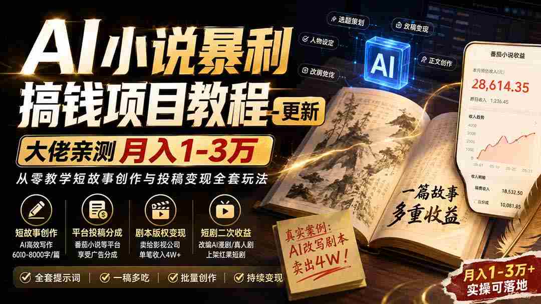(20357期)AI小说短故事暴利搞钱项目教程-更新,大佬亲测月入1-3万,从零教学短故事创作与投稿变现全套玩法-造富网