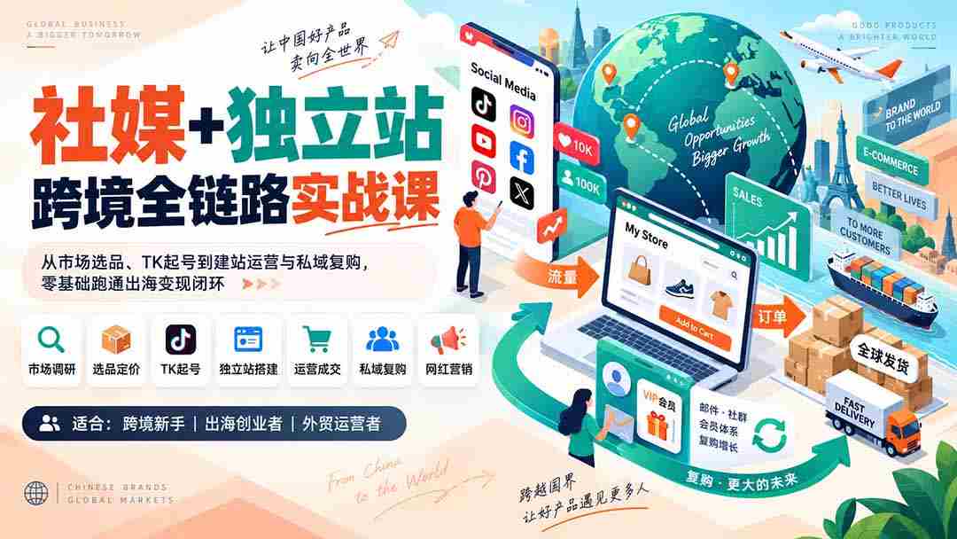 (20361期)社媒+独立站跨境全链路实战课:从市场选品、TK起号到建站运营与私域复购,零基础跑通出海变现闭环-造富网