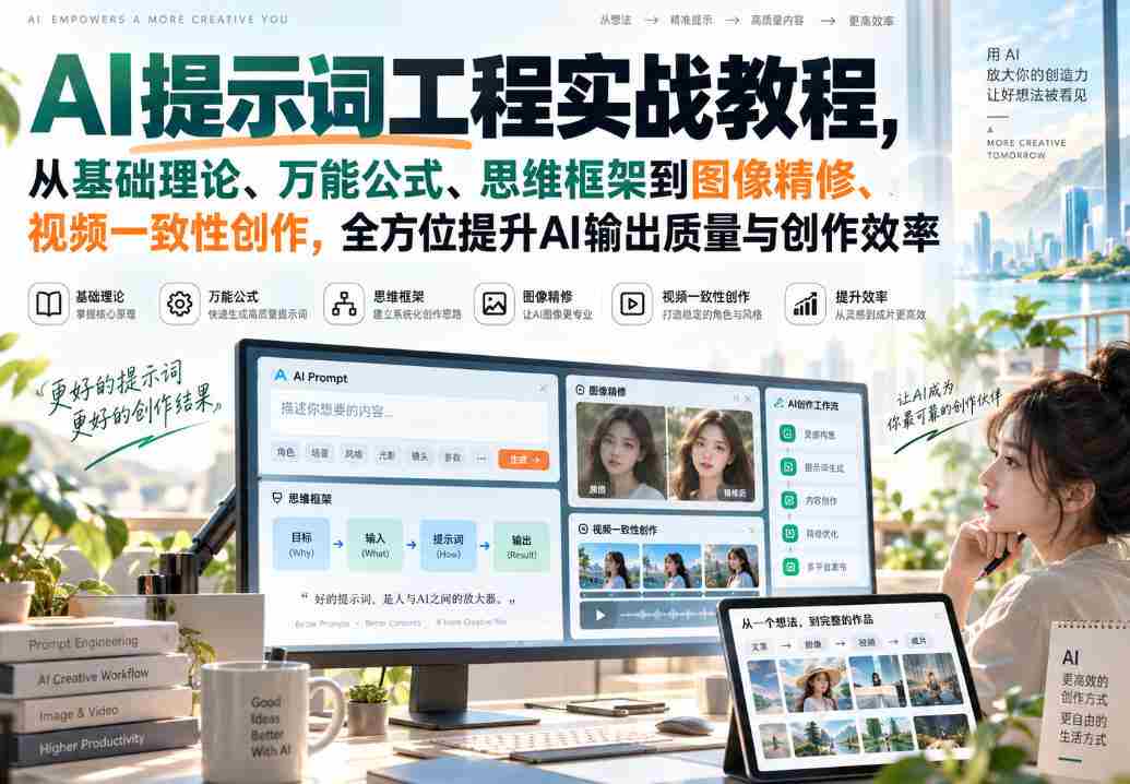 AI提示词工程实战教程,从基础理论、万能公式、思维框架到图像精修、视频一致性创作,全方位提升AI输出质量与创作效率-造富网