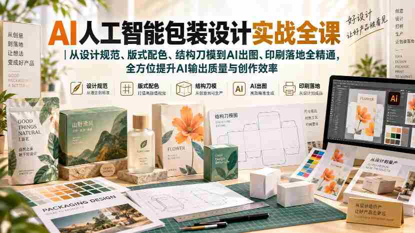 AI人工智能包装设计实战全课|从设计规范、版式配色、结构刀模到AI出图、印刷落地全精通-造富网