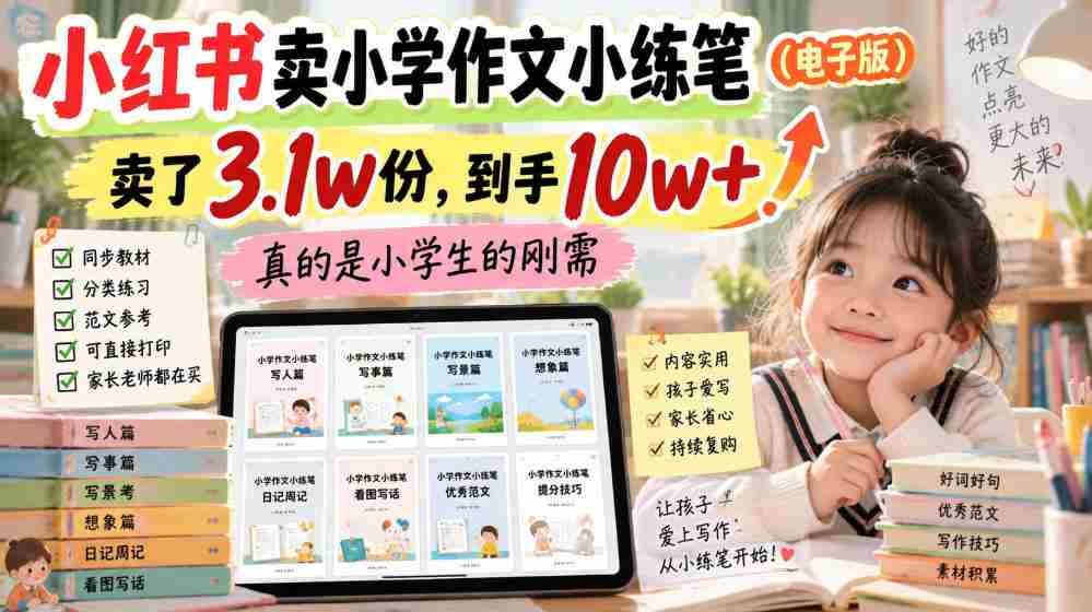 小红书卖小学作文小练笔(电子版),卖了3.1w份,到手10w+,真的是小学生的刚需-造富网