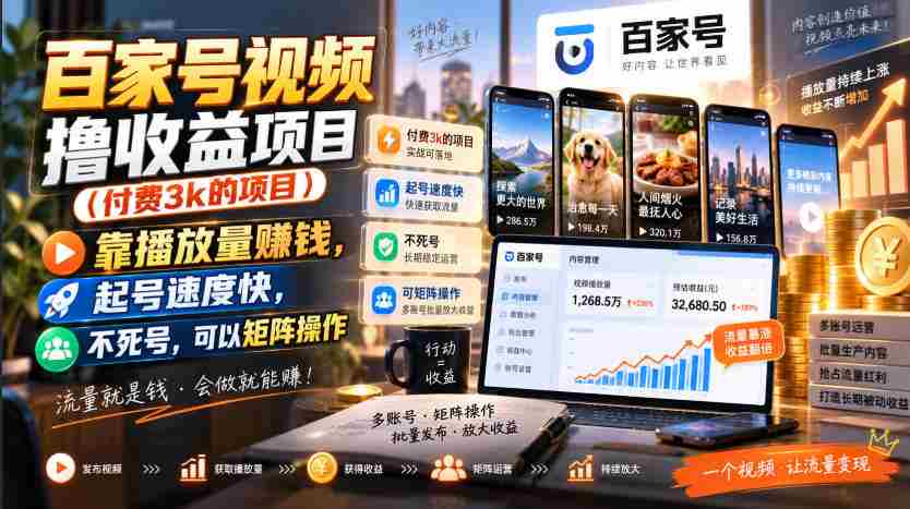 百家号视频撸收益项目(付费3k的项目),靠播放量賺钱,起号速度快,不死号,可以矩阵操作-造富网