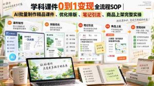 学科课件0到1变现全流程SOP|AI批量制作精品课件、优化排版、笔记引流、商品上架完整实操-造富网