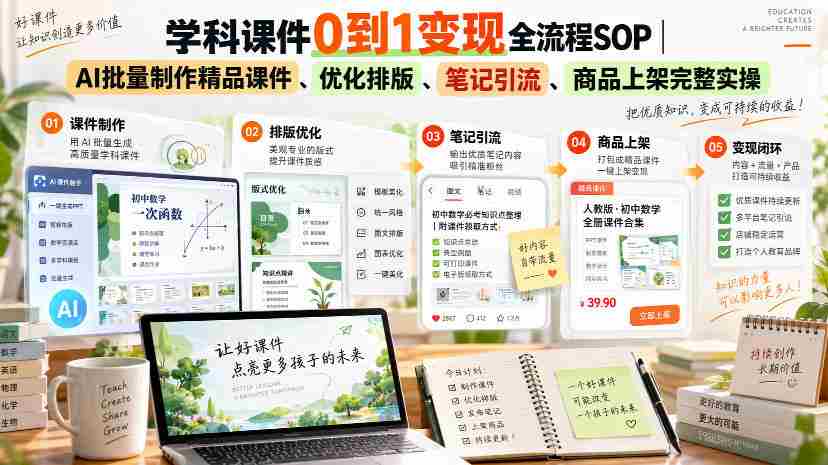 学科课件0到1变现全流程SOP|AI批量制作精品课件、优化排版、笔记引流、商品上架完整实操-造富网
