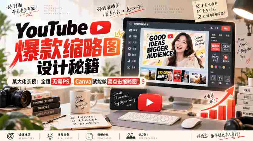 YouTube爆款缩略图设计秘籍,某油管大佬(610万订阅者)亲授,全程无需PS,Canva就能做高点击缩略图!【原创双语字幕】-造富网