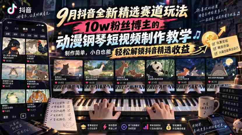 9月抖音全新精选赛道玩法,10w粉丝博主的动漫钢琴短视频制作教学,制作简单,小白也能轻松解锁抖音精选收益-造富网