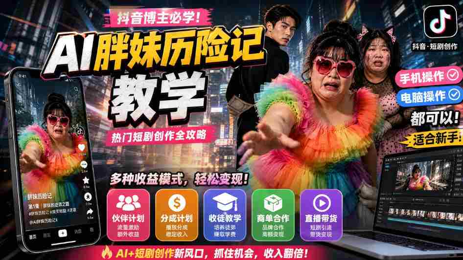 抖音博主的AI胖妹历险记教学,伙伴计划+分成计划+收徒+商单等多种收益,适合新手,手机电脑都可以操作-造富网