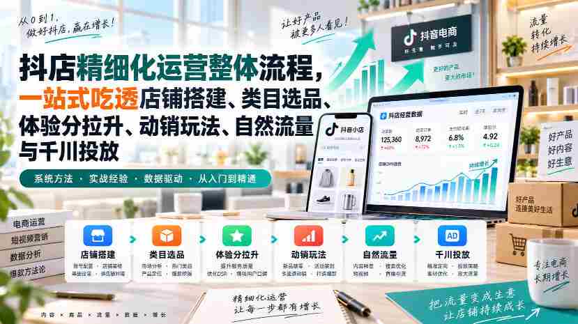李哥电商-抖店精细化运营整体流程,一站式吃透店铺搭建、类目选品、体验分拉升、动销玩法、自然流量与千川投放-造富网
