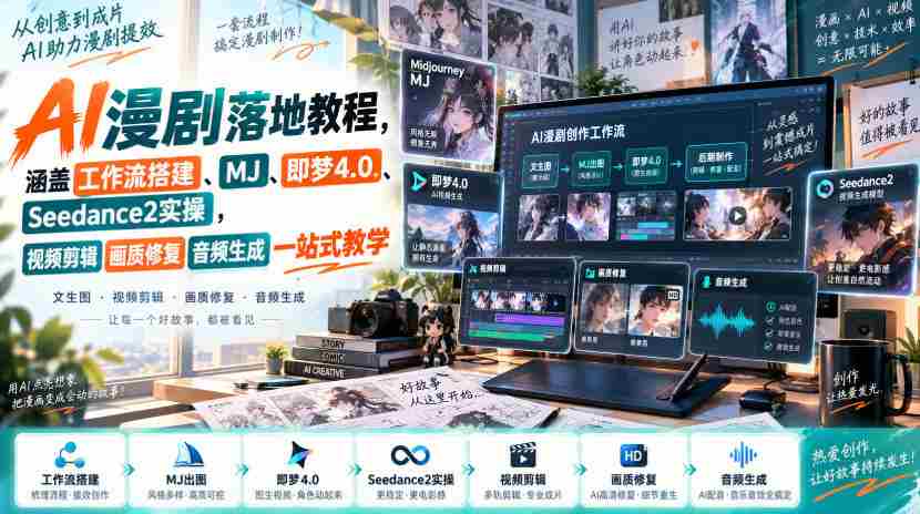 AI漫剧落地教程，涵盖工作流搭建、MJ、即梦4.0、Seedance2实操，视频剪辑画质修复音频生成一站式教学-造富网