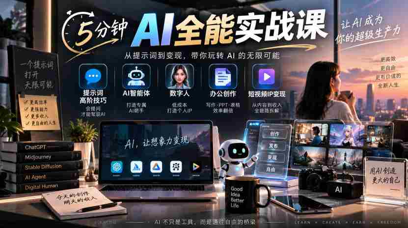 5分钟AI全能实战课|提示词高阶技巧+AI智能体+数字人+办公创作+短视频IP变现全教程-造富网