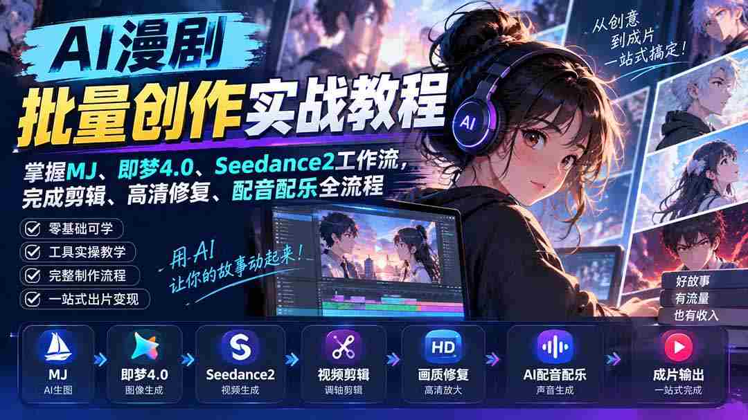 AI漫剧批量创作实战教程：掌握MJ、即梦4.0、Seedance2工作流，完成剪辑、高清修复、配音配乐全流程-造富网