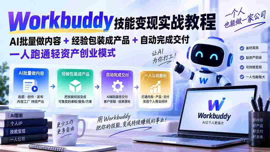 Workbuddy技能变现实战教程:AI批量做内容+经验包装成产品+自动完成交付,一人跑通轻资产创业模式-造富网