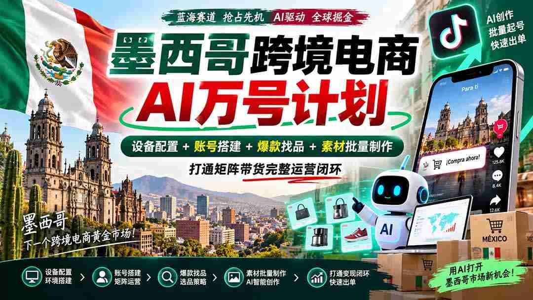 墨西哥AI跨境电商万号战略：全链路配置设备，构建账号，挖掘爆款，批量生成素材，实现矩阵带货全面运营-造富网