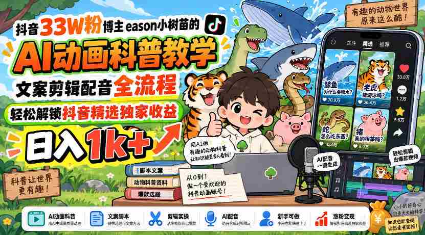 揭秘抖音热门博主eason小树苗:AI动画教学全攻略,文案剪辑配音一网打尽,轻松赚取日入过千!-造富网
