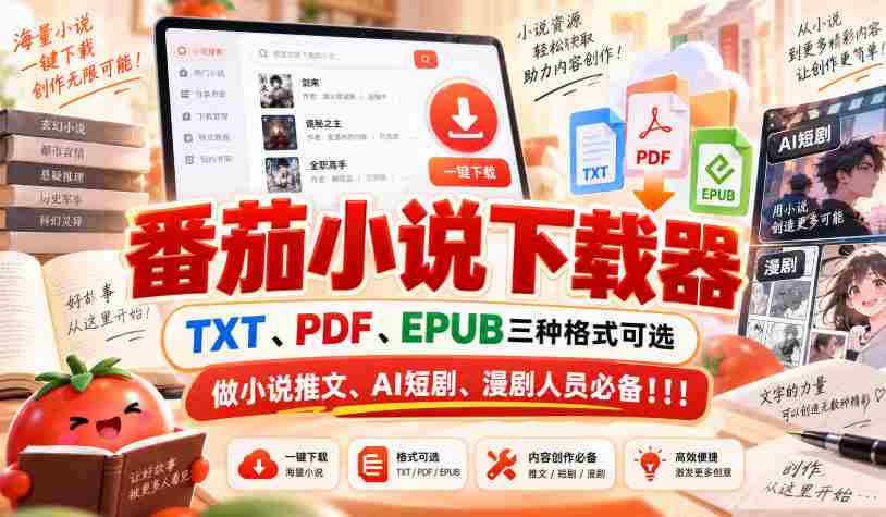 精选番茄小说下载神器,支持TXT、PDF、EPUB格式,小说推广、AI短剧、漫画剧制作必备利器!-造富网