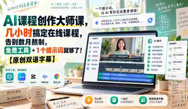 AI课程制作达人秘籍：只需数小时即可打造在线课程，摆脱漫长制作烦恼，仅需免费工具与一个关键词！【双语字幕独家呈现-造富网