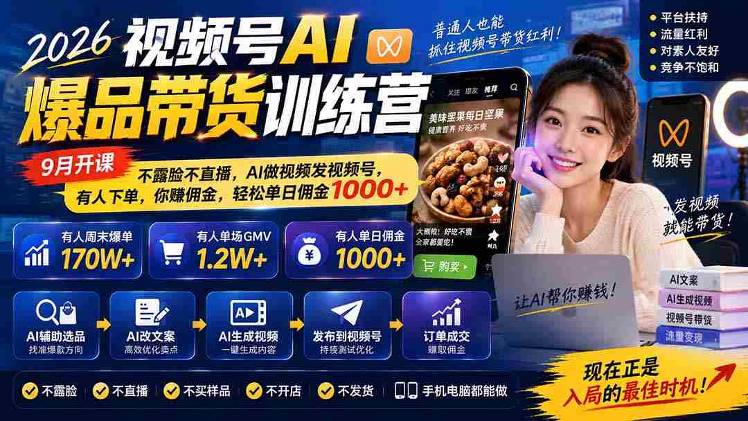 2026年视频号AI爆款带货课程来袭!9月启航,无需露脸直播,AI帮你制作与发布,订单源源不断,佣金日入千余,轻松赚钱!-造富网