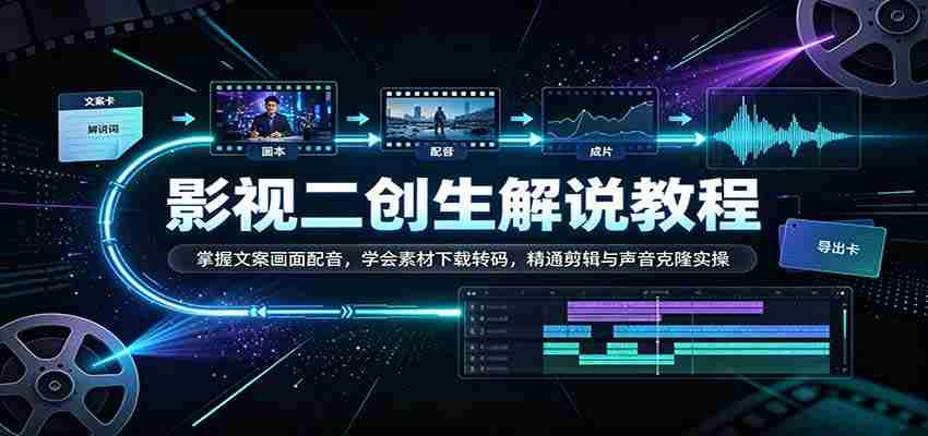 影视二创解说教程：掌握文案画面配音，学会素材下载转码，精通剪辑与声音克隆实操-造富网