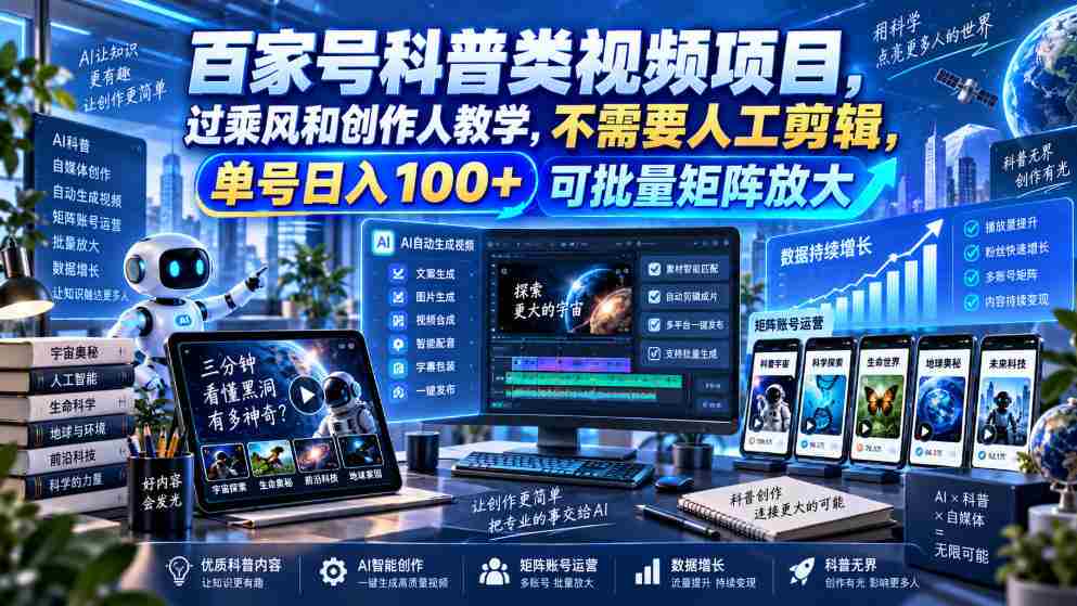 百亿流量科普短视频计划,乘风破浪学创作技巧,零剪辑操作,单账号日赚百元,轻松构建矩阵效应-造富网