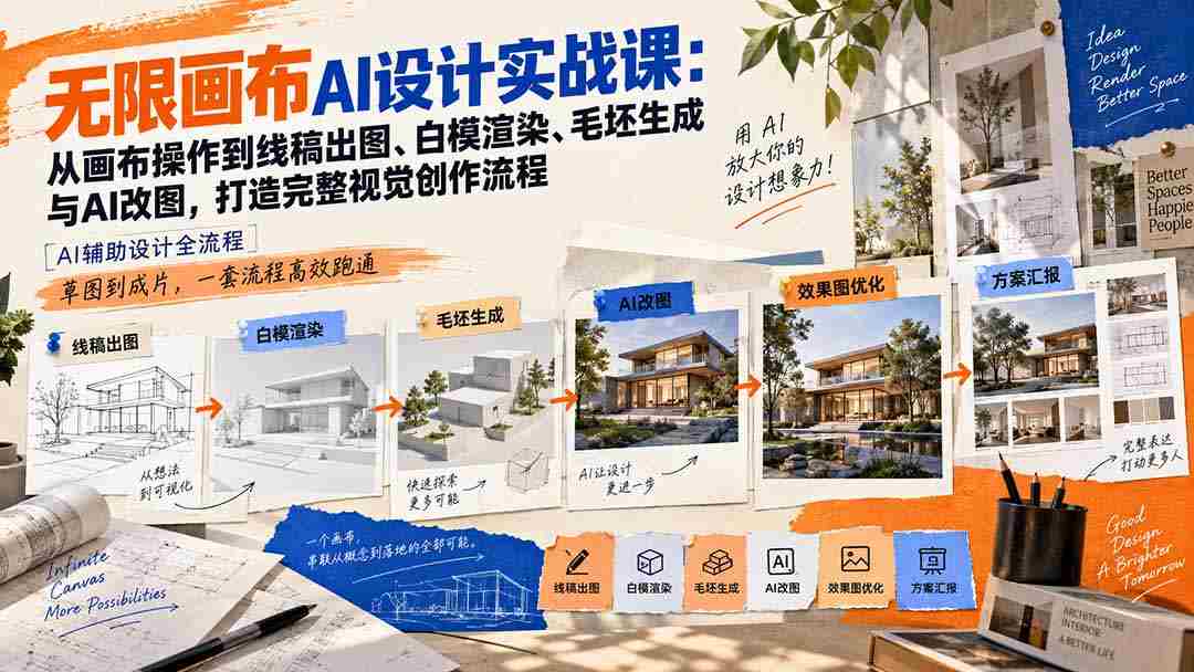 【无水印】无限画布AI设计实战课-更新:从画布操作到线稿出图、白模渲染、毛坯生成与AI改图,打造完整视觉创作流程-造富网